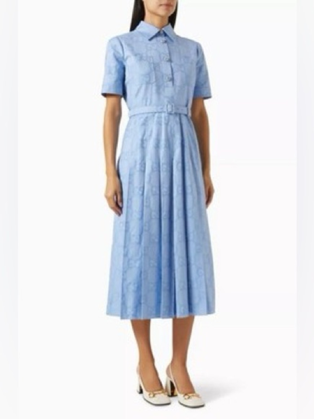 ✨ NWT Gucci Light Blue GG Supreme Monogram Pleated Belted Midi Shirt Dress